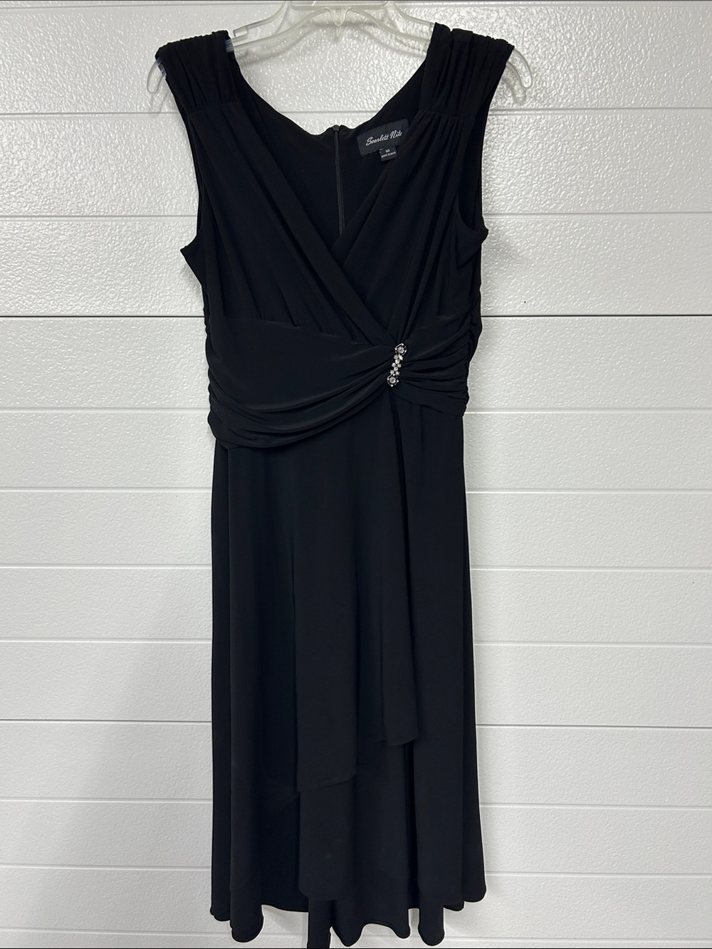 Scarlett Nite Black Sleeveless V-Neck Midi Dress with Rhinestone Waist Accent
